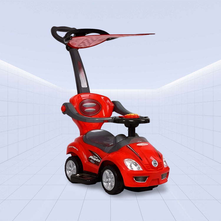 Dynamic Racer 3-in-1 Push Car with Canopy: Ride in Comfort & Style ; Ride-On Toy (RED)