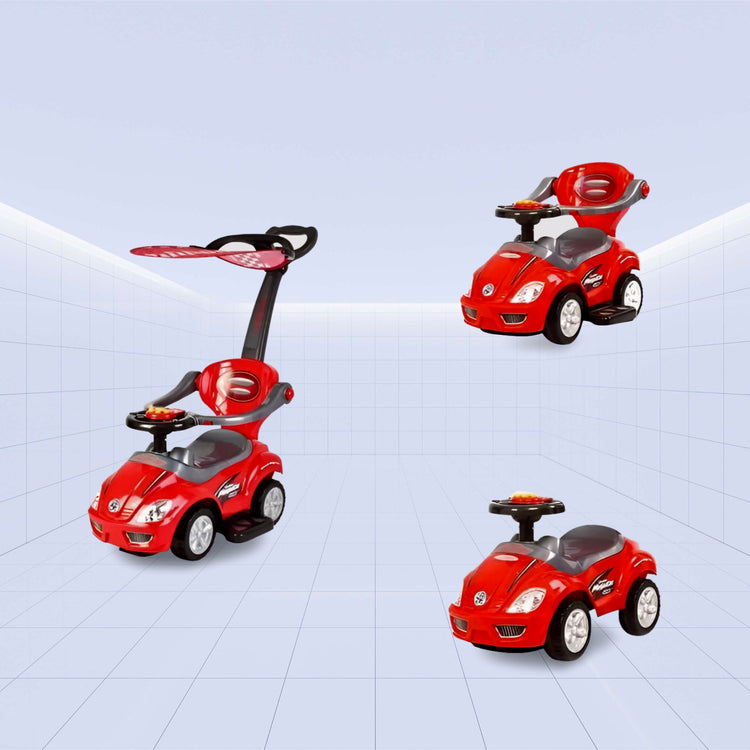 Dynamic Racer 3-in-1 Push Car with Canopy: Ride in Comfort & Style ; Ride-On Toy (RED)
