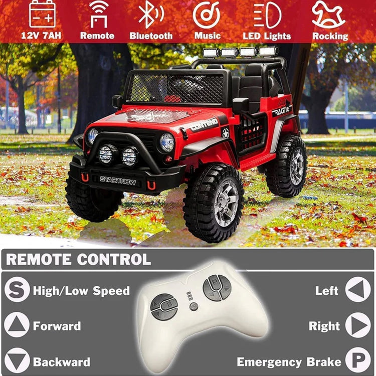 Electric Ride-On Jeep for Kids – Off-Road with Remote Control, LED Lights & Music (RED)