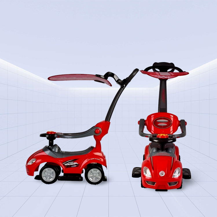 Dynamic Racer 3-in-1 Push Car with Canopy: Ride in Comfort & Style ; Ride-On Toy (RED)