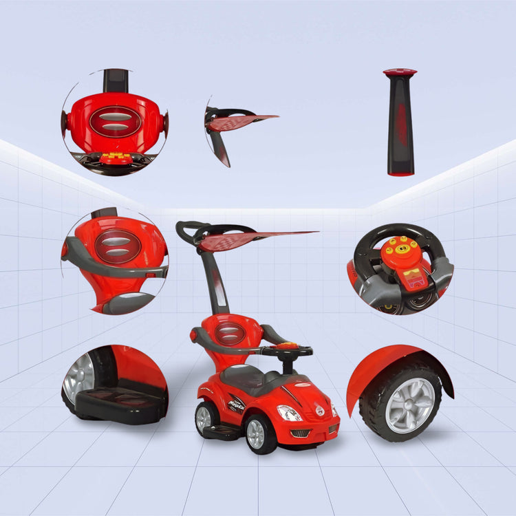 Dynamic Racer 3-in-1 Push Car with Canopy: Ride in Comfort & Style ; Ride-On Toy (RED)