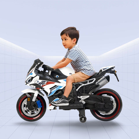 BlazeRider V8 Kids Electric Motorcycle –Ride-On Sport Bike with LED Lights, Sounds & Training Wheels (WHITE)