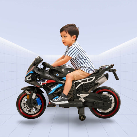 BlazeRider V8 Kids Electric Motorcycle – Ride-On Sport Bike with LED Lights, Sounds & Training Wheels (BLACK)