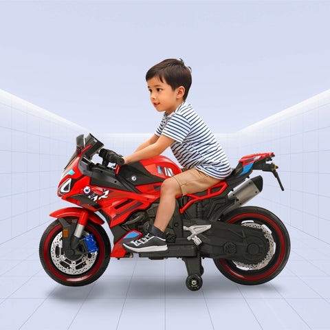 BlazeRider V8 Kids Electric Motorcycle –Ride-On Sport Bike with LED Lights, Sounds & Training Wheels (RED)