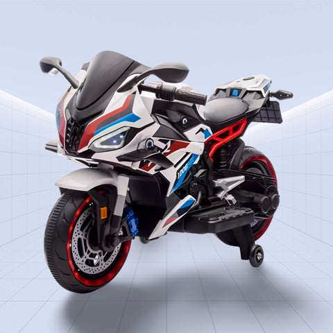 BlazeRider V8 Kids Electric Motorcycle –Ride-On Sport Bike with LED Lights, Sounds & Training Wheels (WHITE)