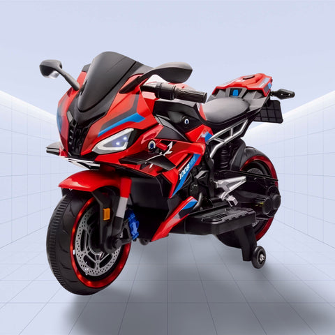 BlazeRider V8 Kids Electric Motorcycle –Ride-On Sport Bike with LED Lights, Sounds & Training Wheels (RED)